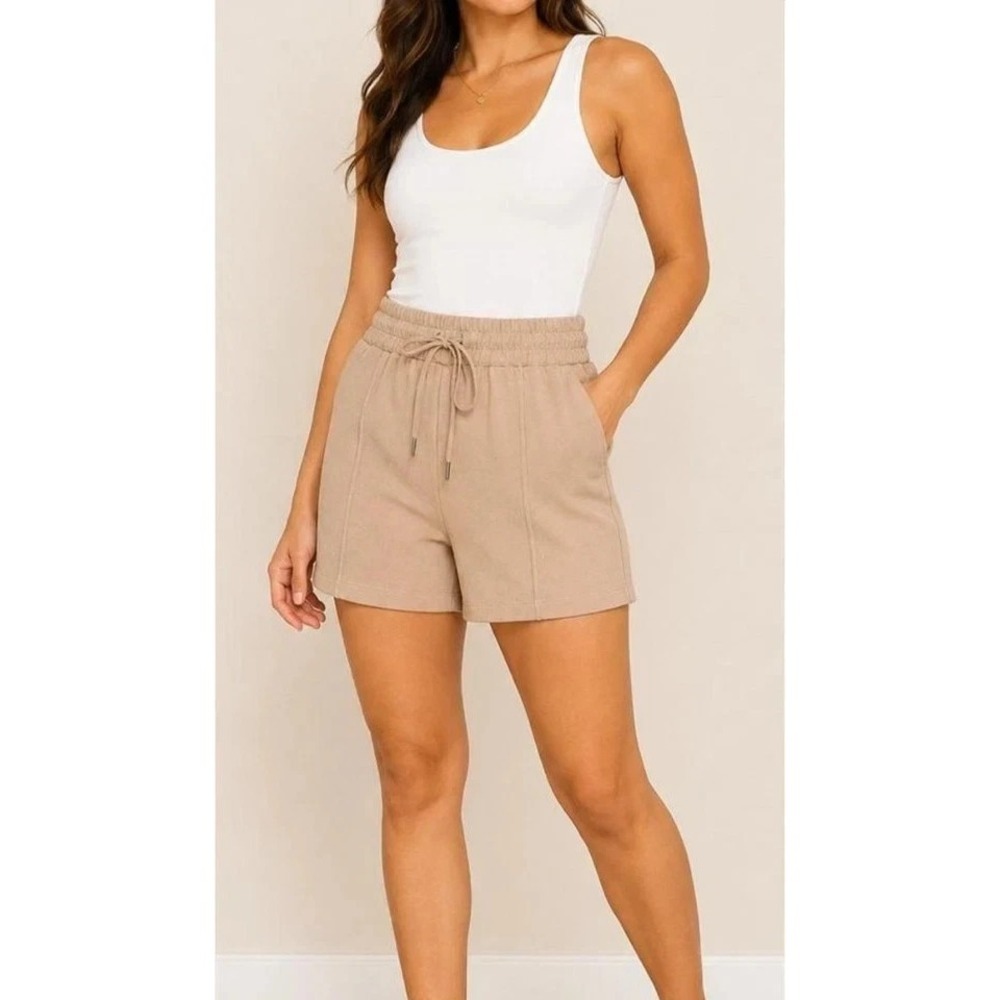 BCBG Women's Athletic Drawstring Elastic Waist Pockets Shorts, Tan, Size Medium